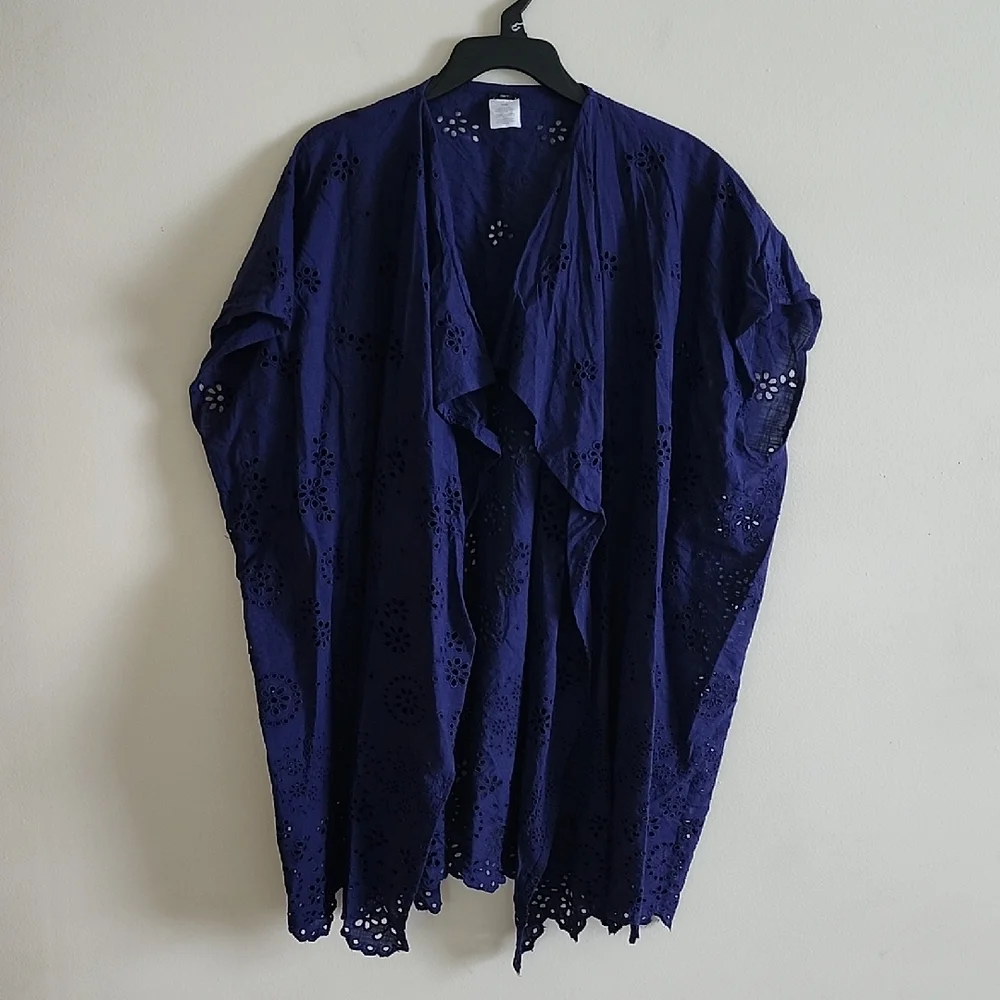 J. Crew Deep Blue Eyelet Cardigan Kimono Womens S/M Organic Cotton